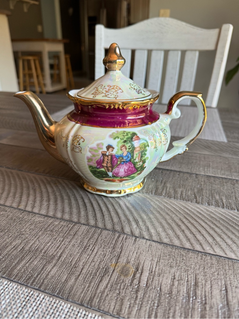 Vintage Royal Japan Porcelain Teapot with Gold Trim and Romantic Scene